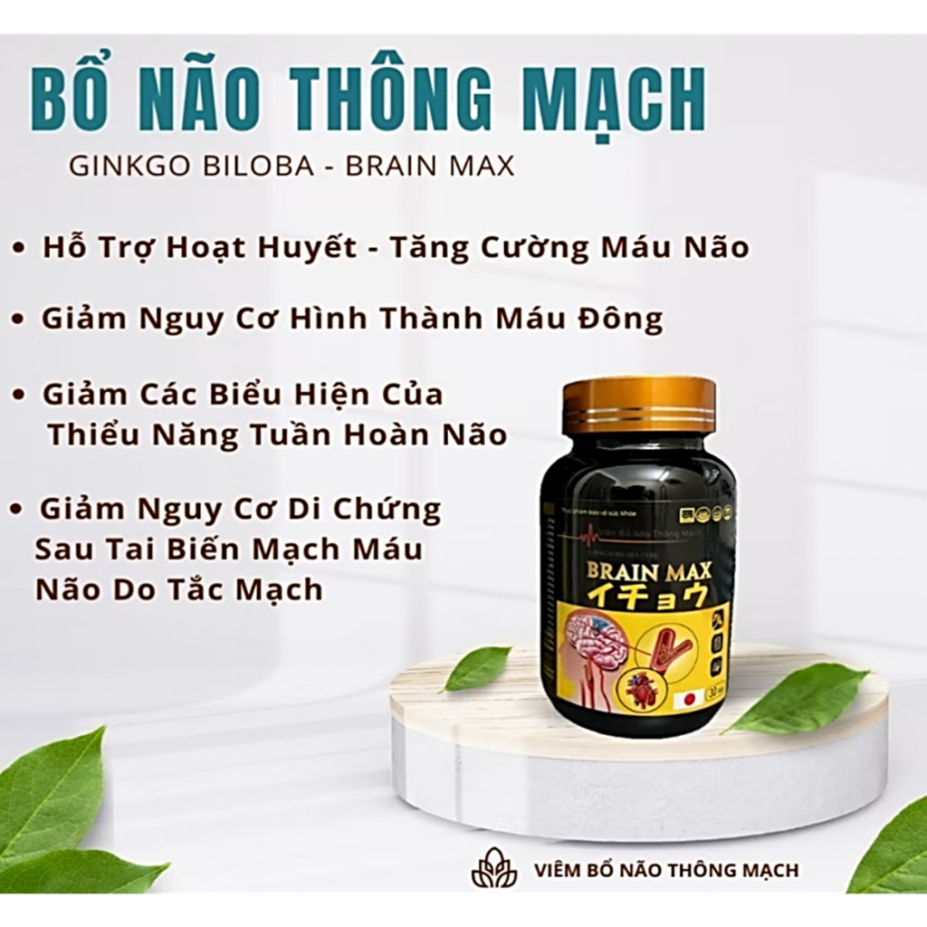 Viên Bổ Não Thông Mạch Ginkgo Biloba  Brain Max Giảm Đau Đầu Chóng Mặt Rối Loạn Tiền Đình Mất Ngủ Suy Giảm Trí Nhớ