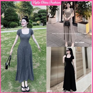 Đầm nữ maxi dáng dài tay ngắn cổ u thun len đũa Quảng Châu form 38-55kg