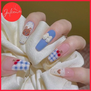 [Mã-Z376] Móng Tay Giả Juliana Hoạ Tiết Gấu Cherry Siêu Xinh Hộp 24 Nails Box Kèm Phụ Kiện Làm Móng