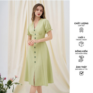 Đầm midi đũi mềm apple green hàng khuy thân trước 411dr2022 adore dress