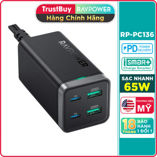 Sạc laptop điện thoại pd 65w, 2 cổng usb và 2 cổng type-c ravpower rp-pc136 - fast phone laptop charger
