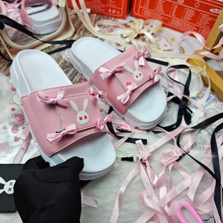 (Tặng kèm nơ) Dép quai ngang nữ hottrend, dép Thỏ Rabbit, dép thêu nơ cực hot, đế cao 4cm, phong cách hàn quốc