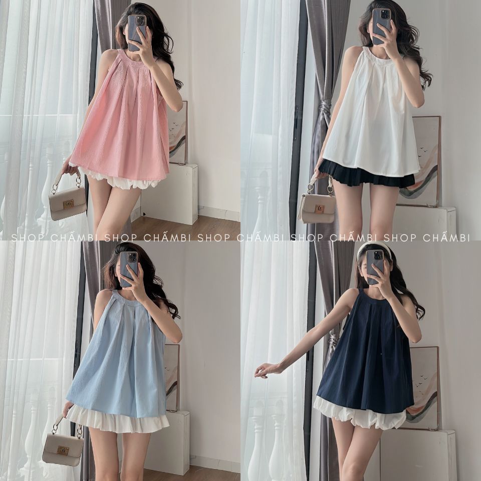 Áo yếm nữ A.628, Áo cổ yếm dáng vừa thân xòe nhẹ xếp ly ngực cài cúc sau xinh xẻo - Shop Chấm Bi