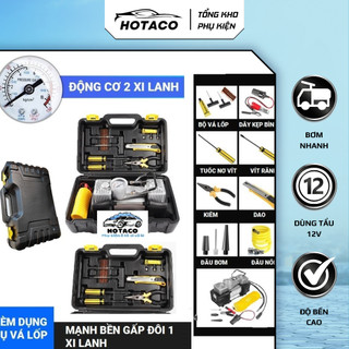 Bơm lốp ô tô loại mạnh, 2 xi lanh, bơm điện xe hơi tự ngắt, bơm hơi 12V kèm đèn led | HOTACO