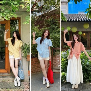 Áo sơ mi cộc tay thêu nơ bảng màu pastel Hàn Quốc, Áo sơ mi thô ngắn tay thêu nơ đi học đi làm - Molly House Store