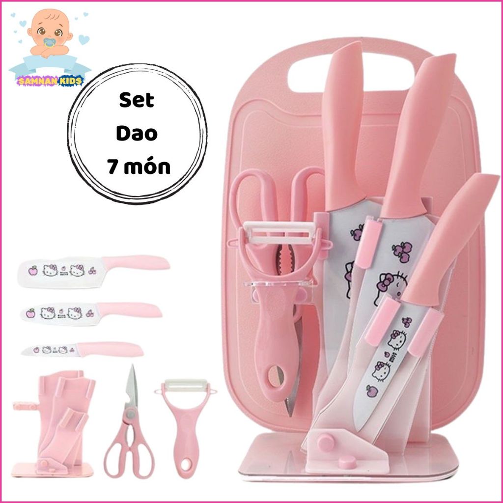 Bộ dao thớt ăn dặm cho bé Cao cấp Inox 7 Món Chống Gỉ Chịu Nhiệt Cao Hình Kitty - Đoremon Dễ Thương