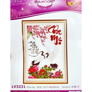 Tranh thêu cha mẹ hạc hoa đào LV3231 - kích thước: 46 * 65cm. (TRANH CHƯA LÀM)