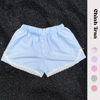 Quần Short Đùi Nữ Sọc Phối Ren Nơ Cúc Bông Xinh Xắn Thoải Mái Mát Mẻ - Chinh Trần Store