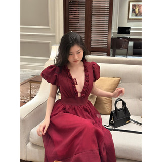Mell37 dress- Váy dài cổ bèo xẻ ngực sang chảnh (màu đỏ tay ngắn) Onmellem
