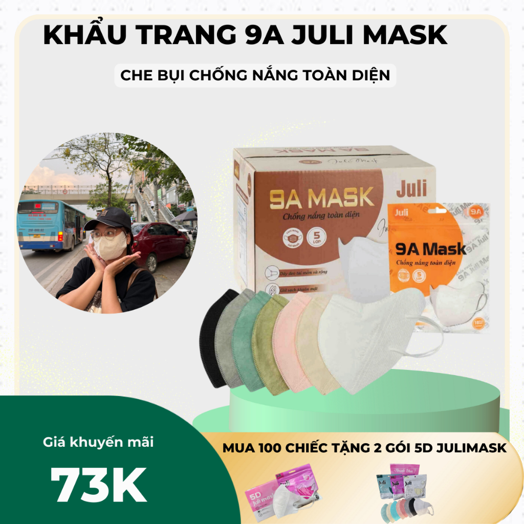 THÙNG 100c Khẩu trang 9A JULI 5 lớp Kháng Khuẩn,Form to siêu chống nắng tốt.