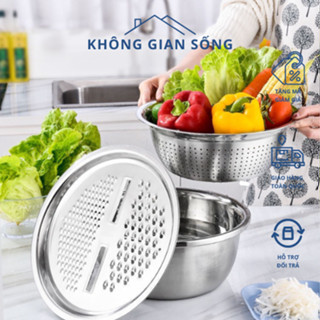 Bộ rổ giá kèm bàn nạo rau củ quả 3 chi tiết inox cao cấp loại đẹp, dụng cụ nạo, bào sợi đa năng