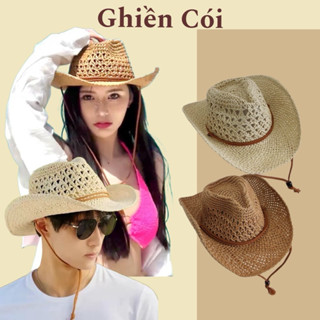 Mũ cói cao bồi unisex, nón cowboy vành rộng thoáng khí có dây chống bay Ghiền Cói