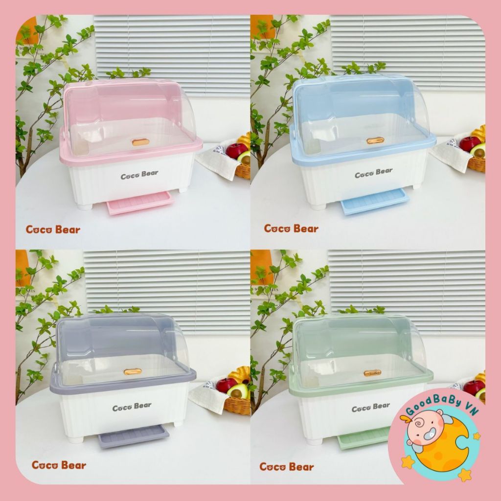 Rổ úp bát bình CocoBear Plus thế hệ mới, kệ úp khay đựng đồ cho bé ăn dặm liền nắp có khay hứng nước