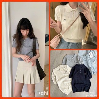 Áo len polo nữ có cổ tay ngắn thêu nơ hàng QC mặc đi làm, đi chơi.