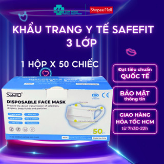 Khẩu trang y tế Safefit 3 lớp màu xanh/màu trắng hộp 50 chiếc quai vải mềm không đau tai