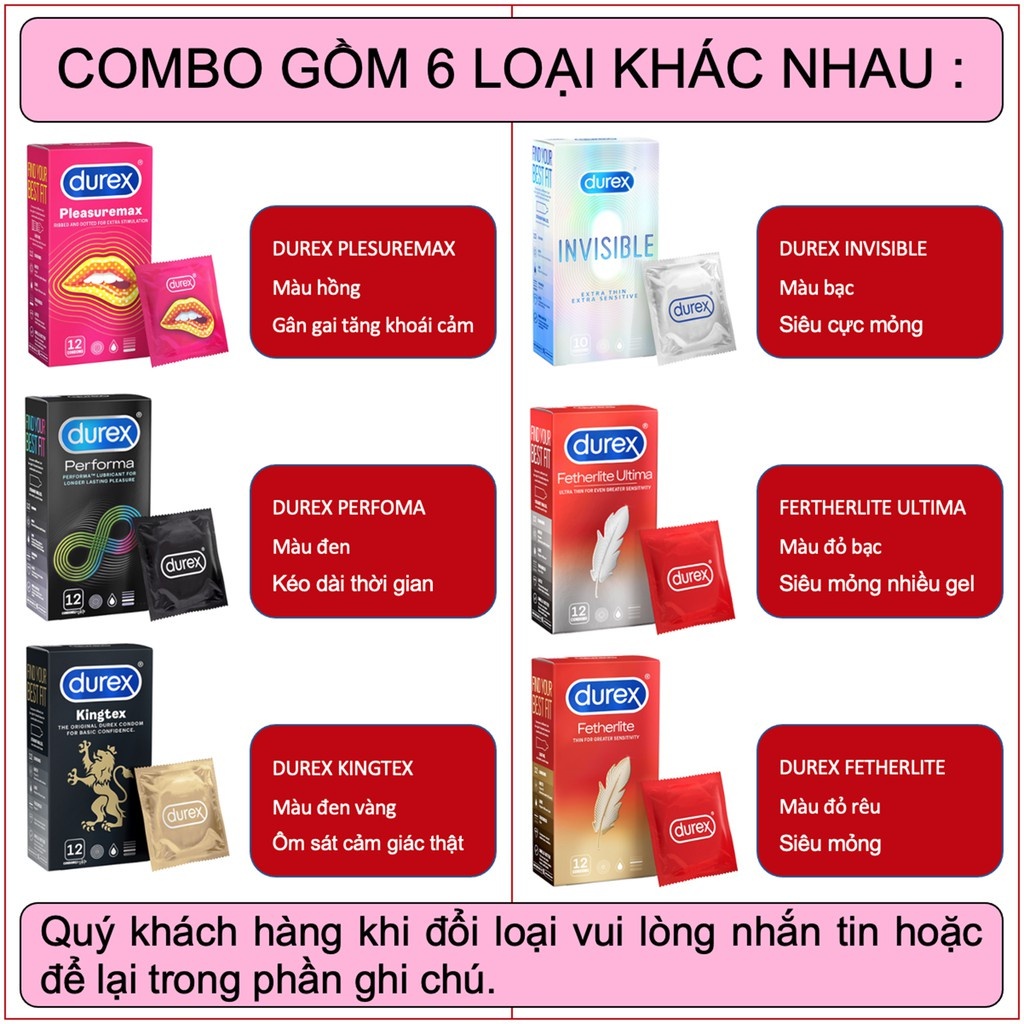 Bao Cao Su Durex Combo 6h 70 cái tùy chọn. pleasuremax. invisible. performa. kingtex. fertherlite ultima