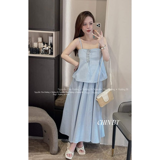 Set áo 2 dây xếp ly mix chân váy
