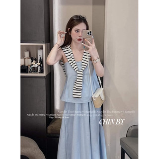 Set áo 2 dây xếp ly mix chân váy
