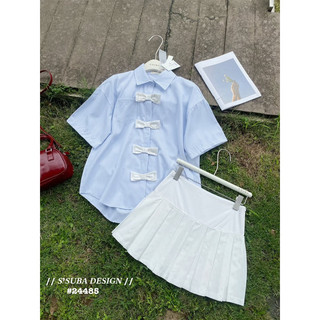 Set áo sơ mi ngắn tay đính nơ kèm chân vây xếp ly trắng, set kẻ xanh phối nơ trắng