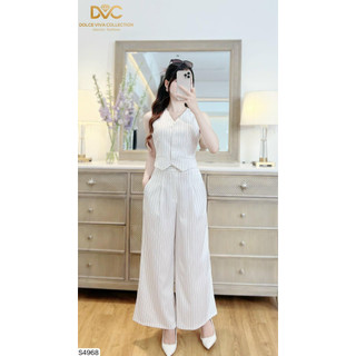 Set bộ thiết kế dvc nữ - set kẻ trắng kem áo gile, quần xuông ống rộng s4968 - dvc dolce viva collection