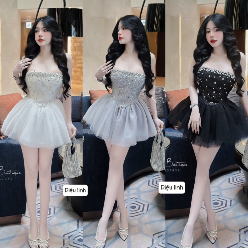 Váy Quây Cúp Đá Chân Lưới Xoè