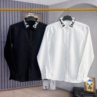 Áo sơ mi tay dài, sơ mi nam nữ trơn thêu họa tiết chữ cổ, chất vải cotton lụa mềm mịn hàng trend