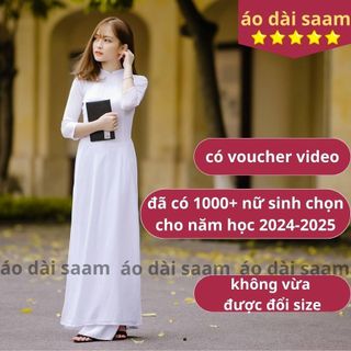 Áo dài học sinh nữ trắng  saam 2 tà tay lỡ cổ V lụa mỹ đồng phục kỉ yếu đi học, họp lớp, họp khóa
