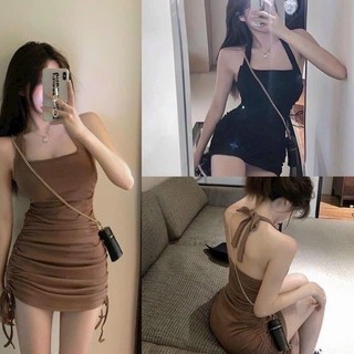 🛒 Đầm Cổ Vuông Cột Dây Cổ Yếm Bản To Hở Lưng - Dáng Ngắn Rút Dây Hai Bên Hông Ôm Body Sexy - Tiểu Thư Bánh Bèo Cute AZ