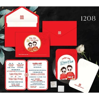 THIỆP CƯỚI CHIBI ÉP KIM HOA VĂN 12SL08 (NHẬN IN > 100 THIỆP)