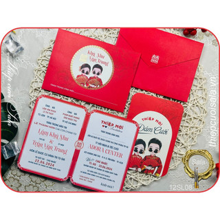 Thiệp cưới chibi ép kim hoa văn 12sl08