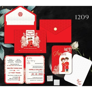 THIỆP CƯỚI ÉP KIM HOA VĂN CHIBI 12SL09 (NHẬN IN>100 THIỆP)