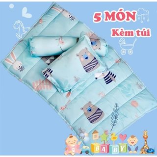 🌠mẫu mới🌠 bộ nệm gối cho bé vải tencel micro thoáng mát cao cấp, nệm gối 5 món cho trẻ em đi học_chăn ga sỉ