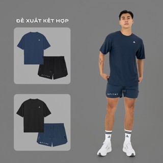 Bộ đồ tập gym nam Fitme Men áo thun oversize co giãn 4 chiều AOTN01, Quần đùi thoáng khí vạt xẻ QN1L03 Xanh Navy