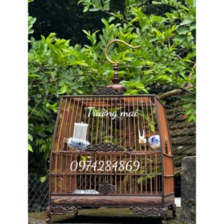 Lồng chim chào mào đẹp, khung lồng tự ráp gỗ mun đuôi công chân đục hoa văn truyền thống TT0106