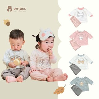Bộ Quần Áo Thu Đông Dài Tay Embes Cho Bé Trai Bé Gái Chất Cotton Mềm Mịn Phối Kẻ Size 8kg Đến 17kg