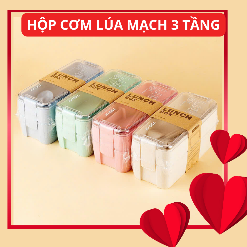 Hộp cơm 3 tầng chất liệu lúa mạch - Cặp lồng cơm lúa mạch tặng thìa đũa