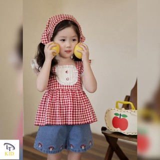 Set Đồ Bé Gái, Mua 1 Được 3 Áo Hoạ Tiết Caro Kèm Khăn Hot Trend Phối Quần Short Denim Cho Bé 10kg-30kg PINKYKIDS