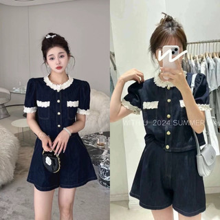 [S2.854] Set Bộ Jean Denmin Cộc Tay Phối Viền Ren Mix Quần Sooc Thêu Chỉ Nổi (kèm ảnh thật)