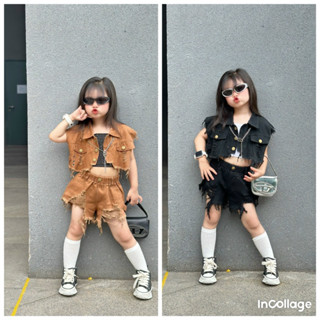 Sét bộ kaki co giãn khoác gile + quần sooc rách kèm 1 áo 2 dây croptop cotton phong cách