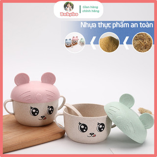 Bát ăn dặm hình chuột Mickey có nắp đậy kèm thìa chất liệu nhựa lúa mạch thân thiện môi trường an toàn cho bé
