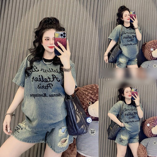 Bộ đùi jean áo thêu chữ quần short rách