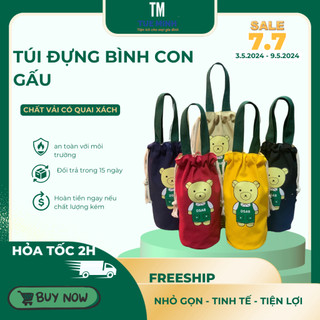 Túi đựng kèm dây bình con gấu vải kèm quai xách dài nhỏ gọn đựng đồ bình nước, túi đựng đồ bình nước nhỏ gọn