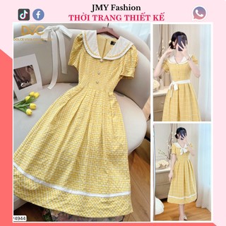 V4944 Váy kẻ vàng xòe phối cổ sen trắng tiểu thư (tặng kèm đai) [Dolce Viva Colection (DVC)] váy vàng xòe dài nữ tính