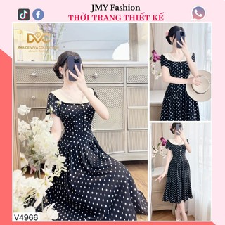 V4966 Váy đen xòe chấm bi phối cổ sen be nữ tính [Dolce Viva Colection (DVC)] váy đen chấm bi xòe công sở