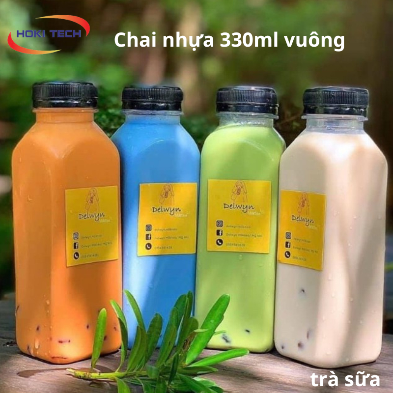 Chai nhựa 330ml đựng trà sữa thiết kế vuông vắn, Sự lựa chọn độc đáo cho đồ uống mang đi- Hoki