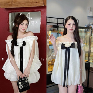   S2.845  Set Áo Tơ 2 Lớp Trễ Vai Dáng Bom Phồng Mix Quần Đùi Bồng Xoè Kèm Tang Nơ Tháo Rời  quần cạp chun  