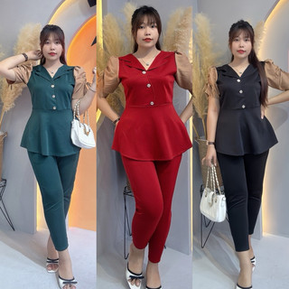 BIGSIZE Nữ 60-95kg—SÉT BỘ QUẦN 9 TẤT ÁO CỎI VEST  TAY NHÚNG THẮT NƠ PHOM PEPLUM CHE BỤNG,Chất Liệu Thun Poly Co Giãn