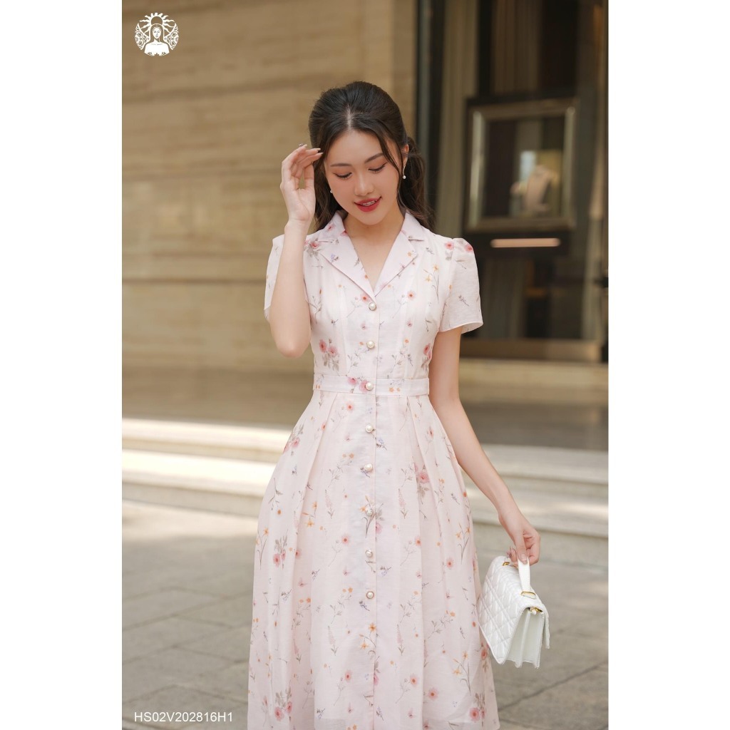 Váy hoa cổ V dáng dài đi biển dáng maxi, Váy đi biển dáng maxi tiểu thư_Deloga