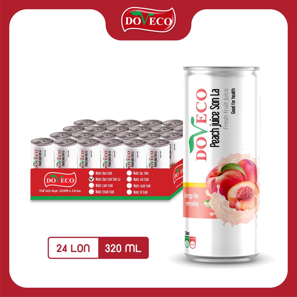 [Khay 24 lon] Nước ép Đào tươi Doveco - hương vị THẬT