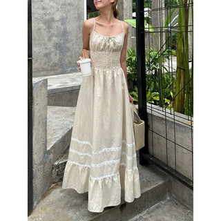 𝐎𝐫𝐚𝐥𝐢𝐞 𝐃𝐫𝐞𝐬𝐬 - Đầm Linen Maxi Chun Eo Pha Chân Ren ( ảnh chính chủ )